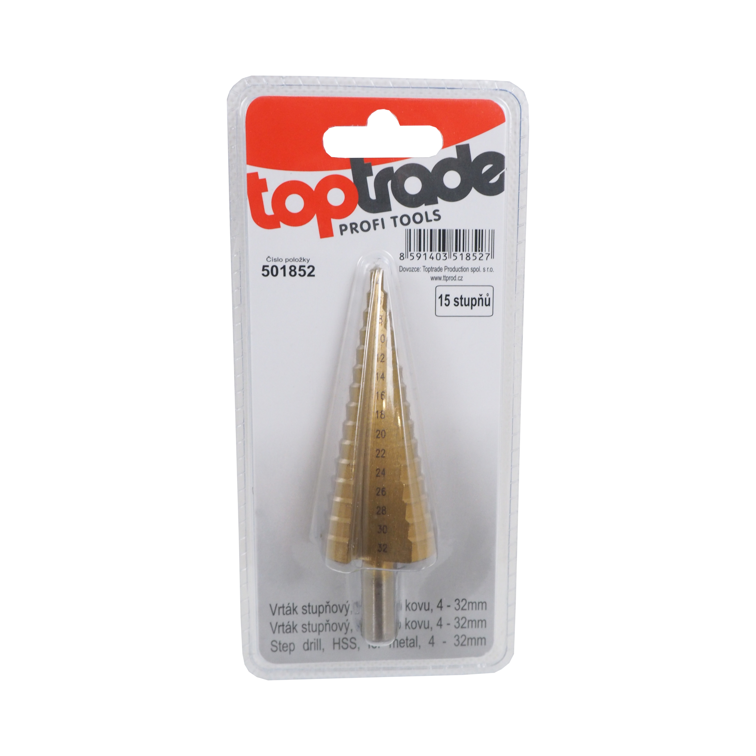 TOPTRADE stupňovitý vrták HSS 4–32 mm, 15 stupňů