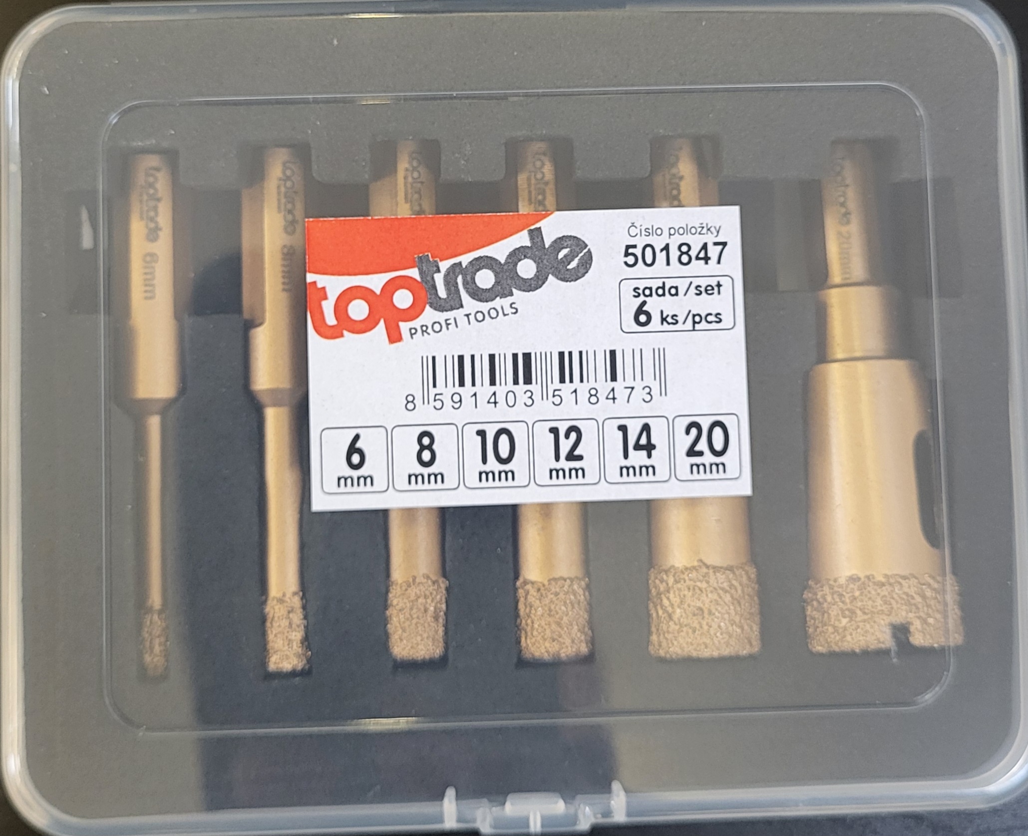 TOPTRADE korunka vykružovací, diamantová, M14, sada 6 ks
