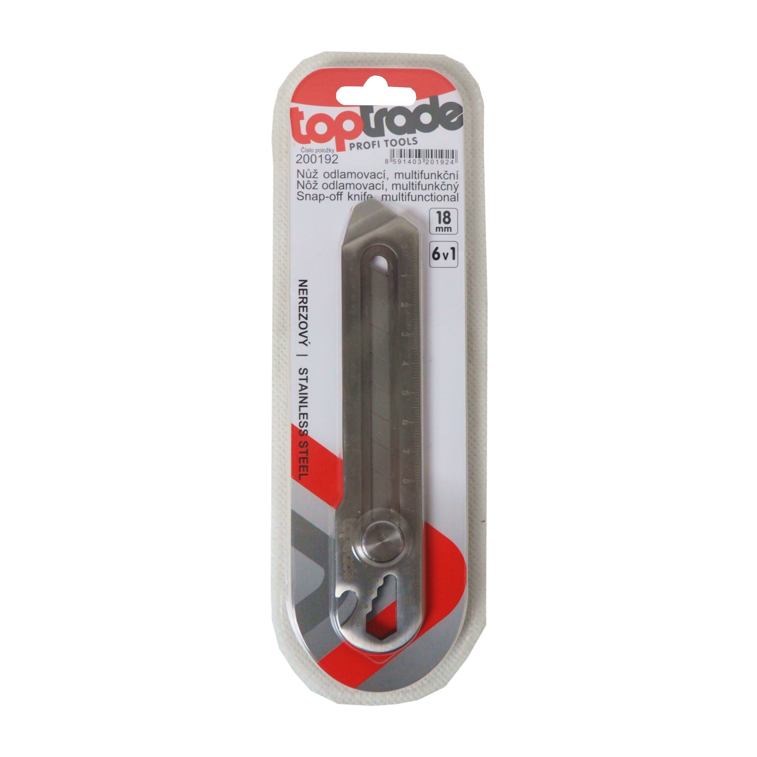 TOPTRADE nůž odlamovací, nerezový, multifunkční, 6 v 1, 18 mm