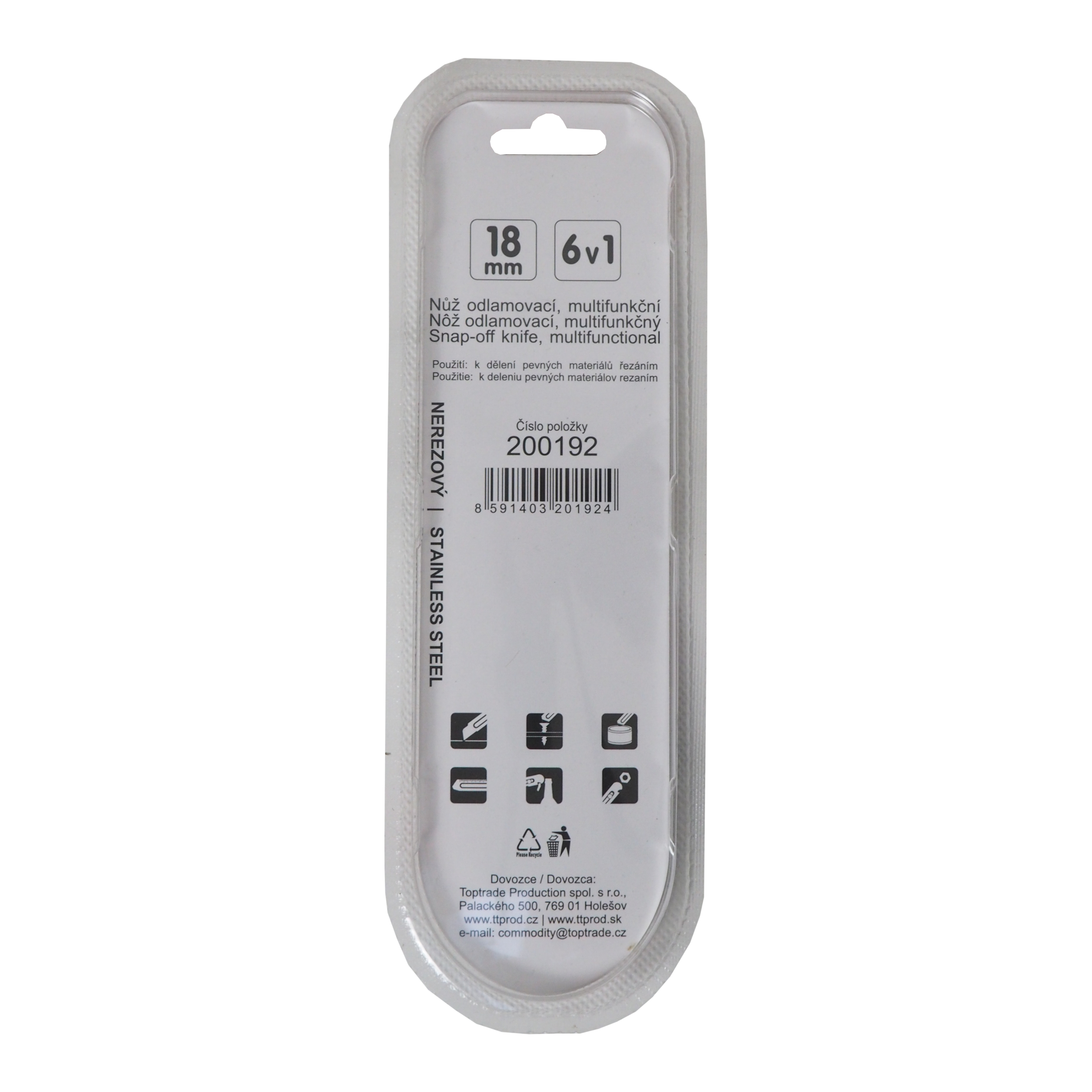 TOPTRADE nůž odlamovací, nerezový, multifunkční, 6 v 1, 18 mm