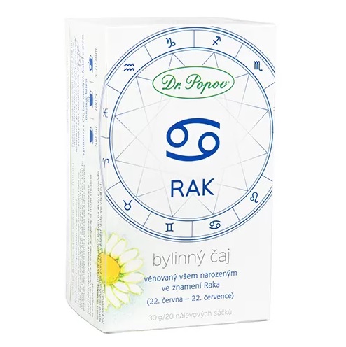 Bylinný čaj Rak, 30 g (Porcovaný bylinný čaj pro znamení Raka, 20 sáčků (30 g). Vyrobeno v ČR. Bez umělých barviv a aromat. Obsahuje kofein.)