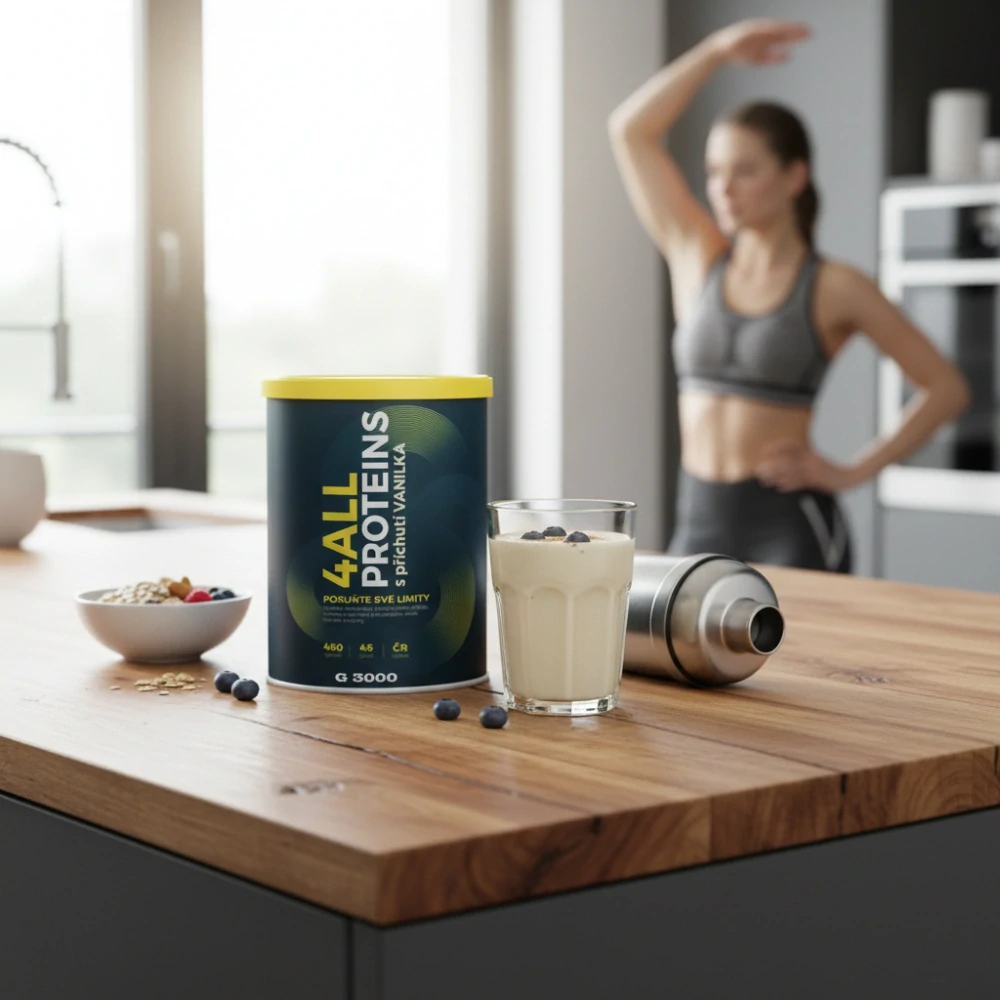 4ALL PROTEINS Vanilka – práškový doplněk stravy se sladidlem, mléčný nápoj se syrovátkovým izolátem pro rychlou regeneraci a vyvážený komplex živin