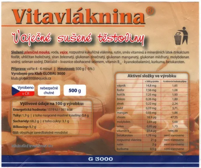 VITAVLÁKNINA - TĚSTOVINY NUDLE ZIP SÁČEK