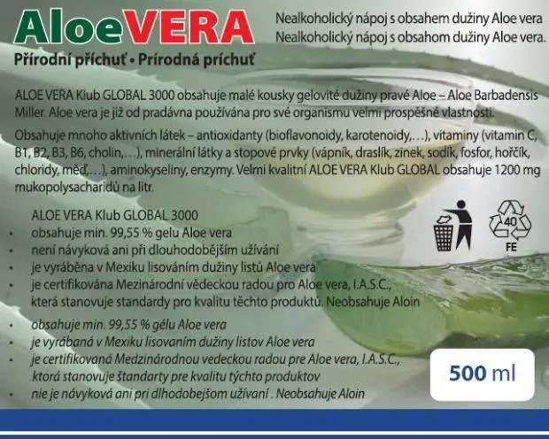 Aloe vera gel 99,5 % s dužinou – 500 ml (IASC, bez aloínu)