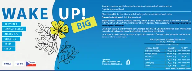 WAKE UP! BIG – tablety s kotvičníkem a zeleným čajem (500 ks)