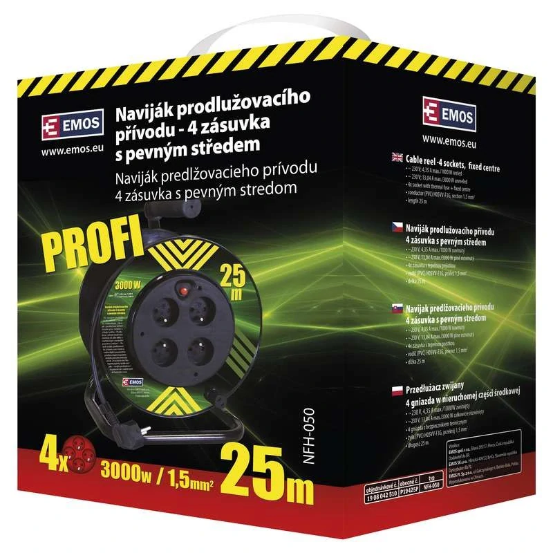 Prodlužovací kabel na bubnu 25 m – 4 zásuvky, PVC, černý, 230 V/13 A