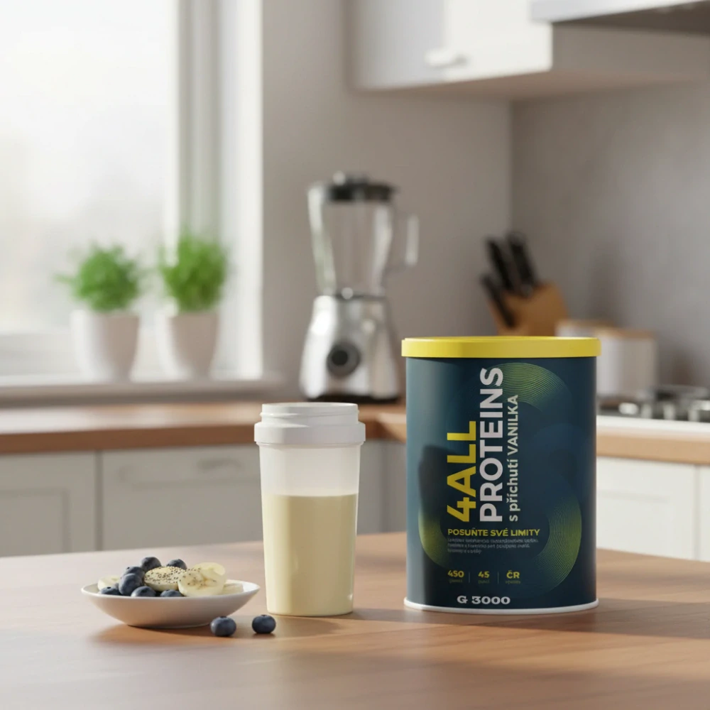 4ALL PROTEINS Vanilka – práškový doplněk stravy se sladidlem, mléčný nápoj se syrovátkovým izolátem pro rychlou regeneraci a vyvážený komplex živin