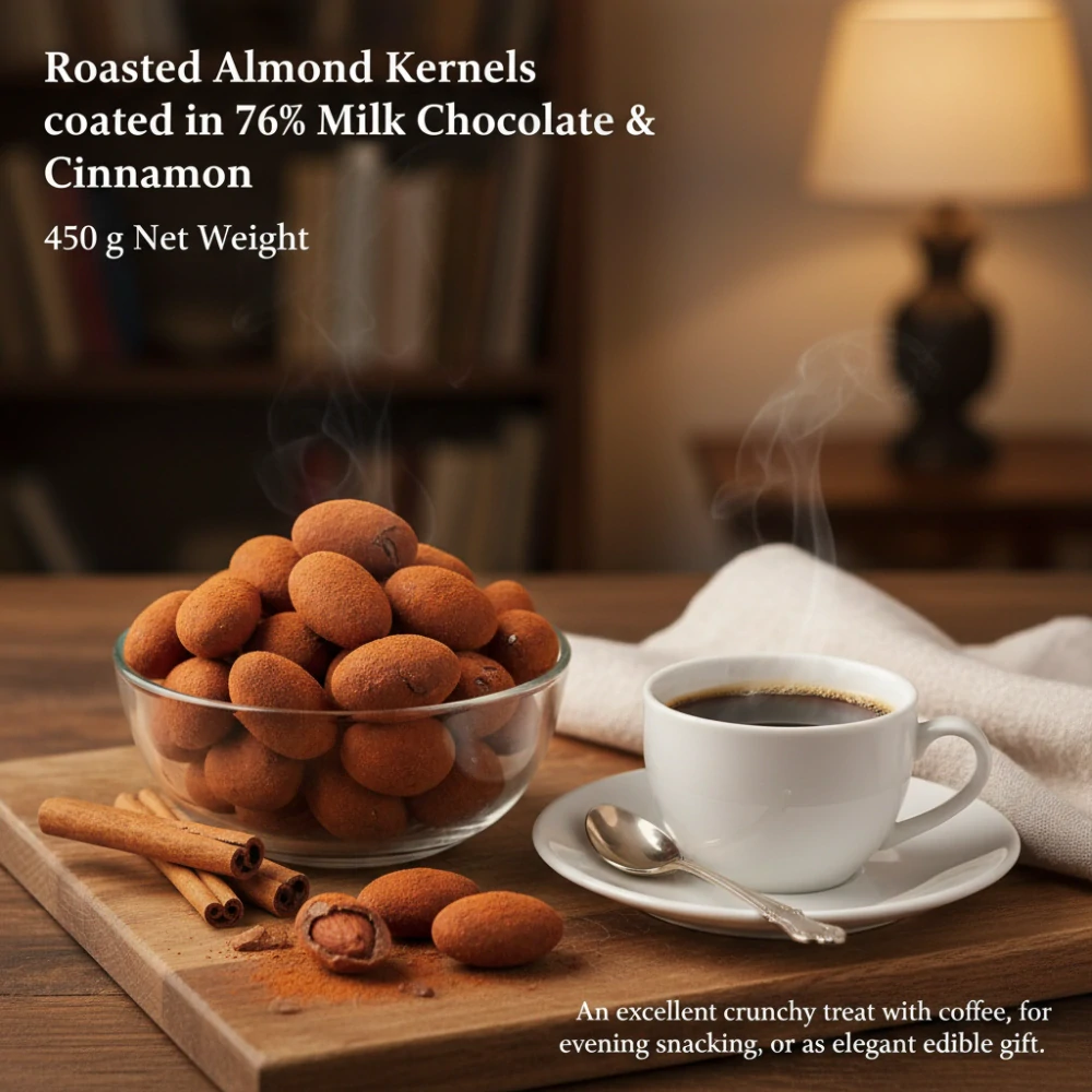 Mandle v mléčné čokoládě a skořici 450 g – pražené mandle v čokoládě se skořicí