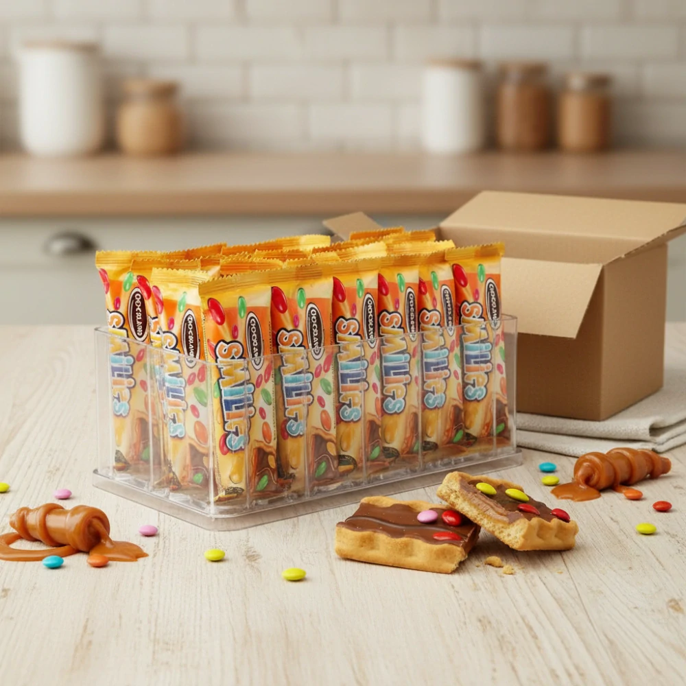 SMILIES sušenka s karamelem 27 g x 12 ks – křupavá sušenka v čokoládě s karamelovým krémem