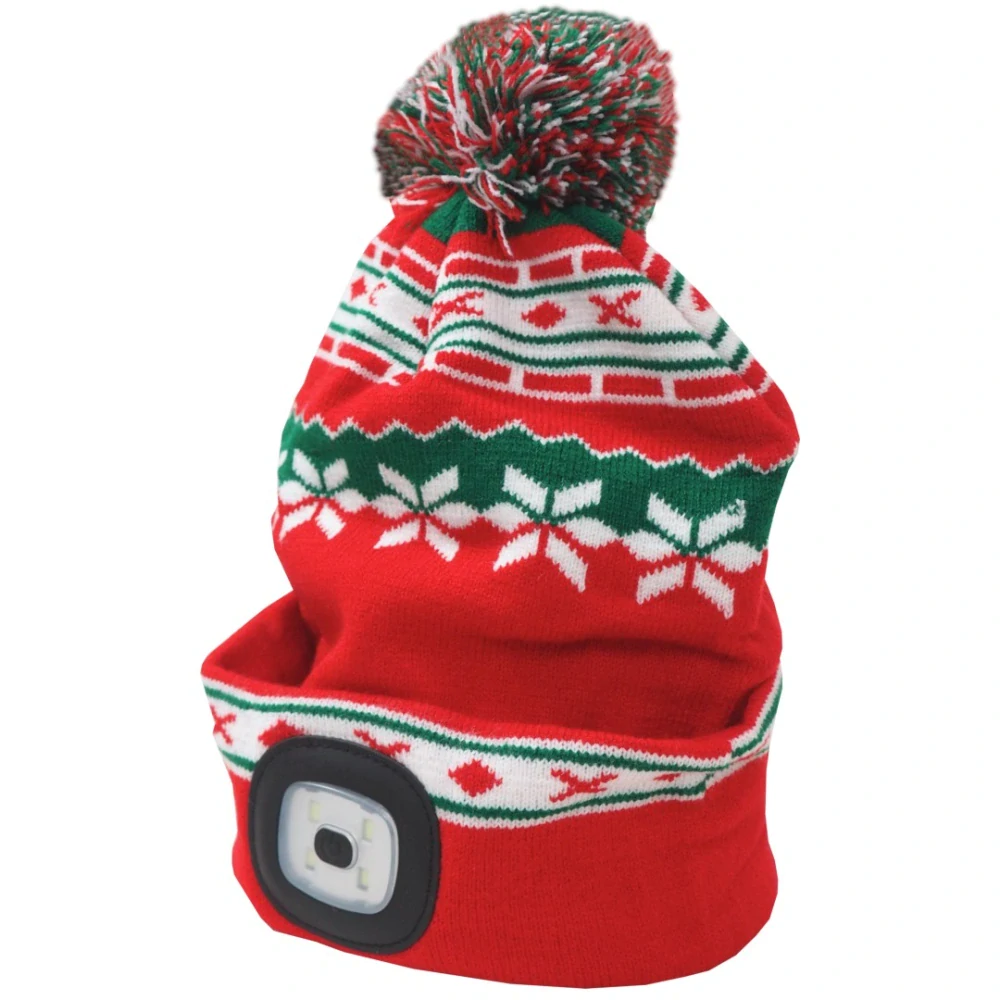 LED čepice X‑mas L s čelovkou, červeno‑zelená