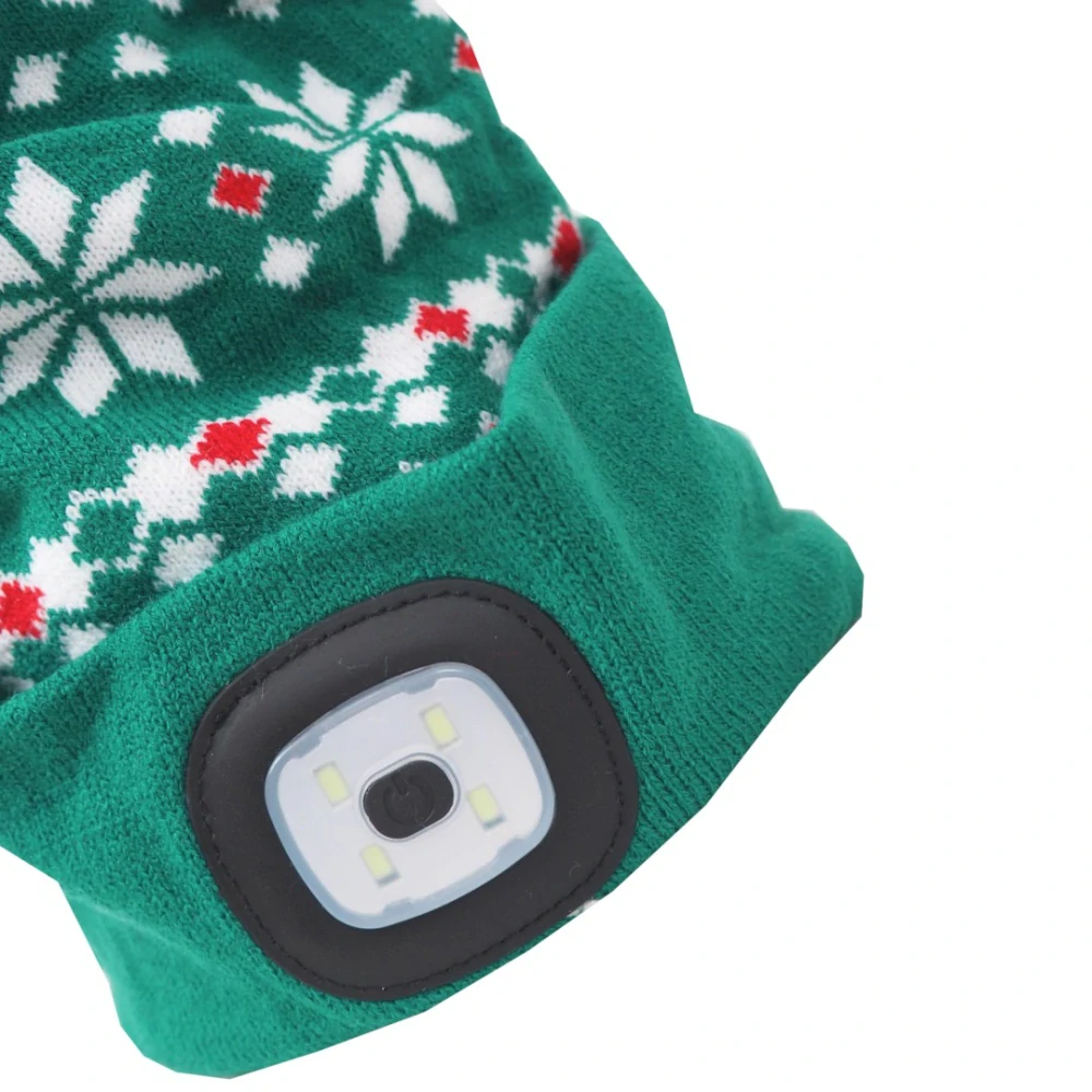 Zelená vánoční LED čepice s čelovkou, velikost L (USB, 3 režimy)