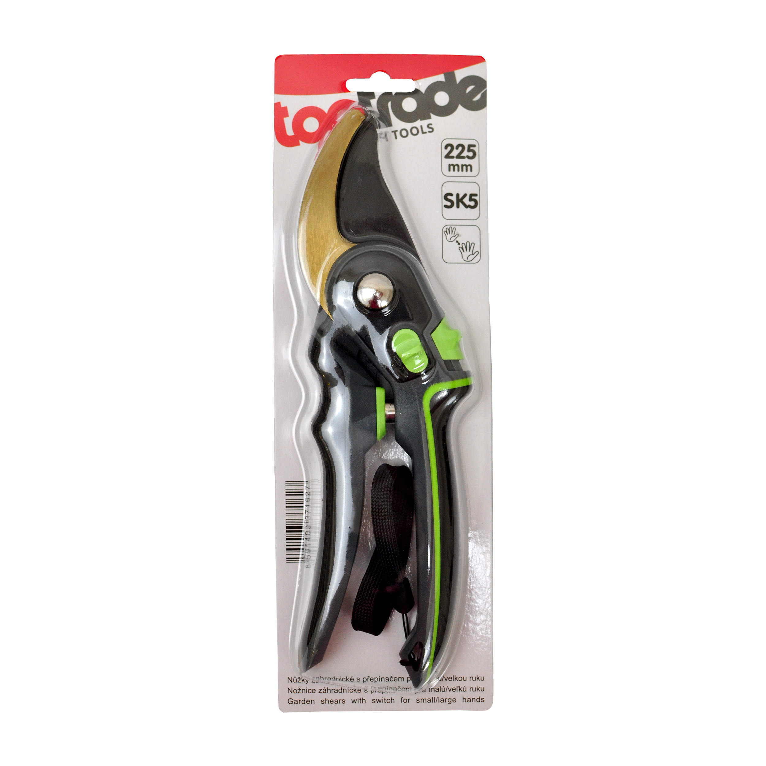 TOPTRADE nůžky zahradnické s přepínačem pro malou / velkou ruku, 225 mm
