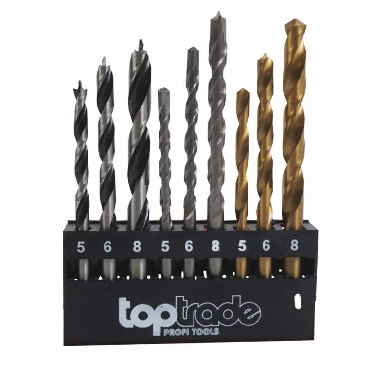 TOPTRADE sada vrtáků do dřeva, kovu a betonu, 9 ks (5/6/8 mm) (plastový box, HSS 4241 s titanovým povlakem, YG8, průměry 5–8 mm)