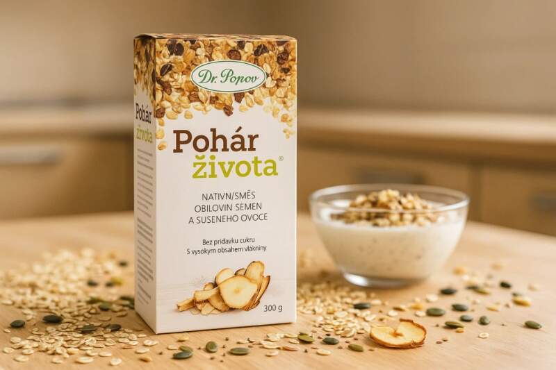 Pohár života Dr. Popov 300 g – nativní směs obilovin, semen a ovoce (Směs ovesných vloček, semínek a sušeného jablka. Bez přidaného cukru. Vysoký obsah vlákniny. 300 g)