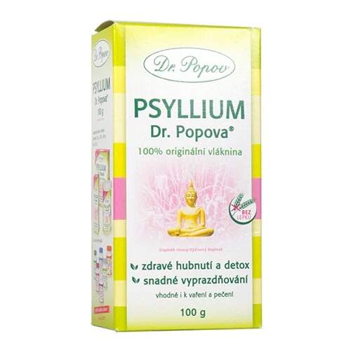 Psyllium – rozpustná vláknina 100 g (Dr. Popov) (Jemně mletá vláknina z jitrocele indického. Podpora jídelníčku pro pravidelné vyprazdňování a pocit sytosti. Bez lepku, vhodné pro vegany.)