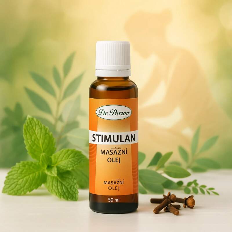 Levně Stimulan masážní olej 50 ml – prohřívací, lokální i prsní použití (Hřejivý masážní olej s mentolem, kafrem a silicemi eukalyptu, máty a hřebíčku. Pro lokální masáž svalů a zad, vhodný i na hrudník. Pouze k zevnímu užití.)