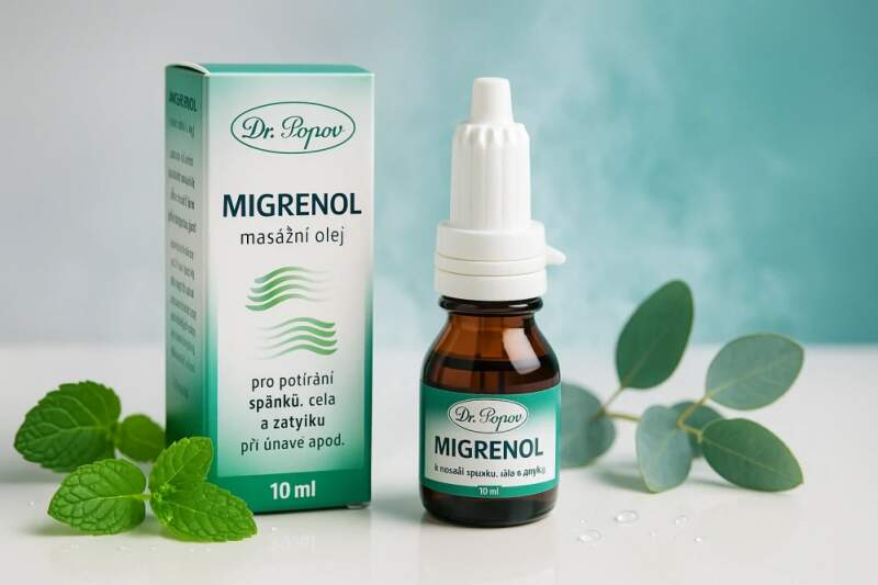 Migrenol – masážní olej 10 ml (Dr. Popov) (Masážní olej s mentolem, kafrem a silicemi máty, eukalyptu a hřebíčku. Pro jemné potírání spánků, čela a zátylku; pro osvěžení a uvolnění napětí.)
