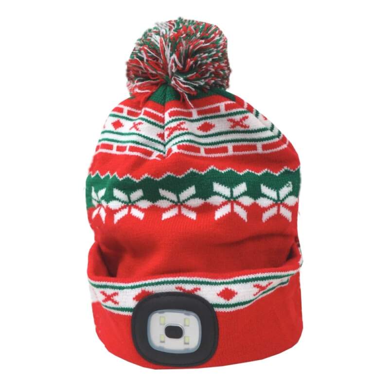 Levně LED čepice X‑mas L s čelovkou, červeno‑zelená (USB nabíjení, 3 režimy svícení, pratelná po vyjmutí světla)