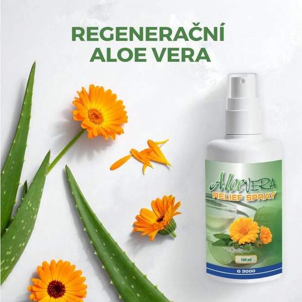 Levně Aloe Vera Relief Spray 100 ml – zklidňující hydratační sprej s aloe vera (Zklidňující Aloe vera spray s kombinací složek, které působí chladivě, hydratačně a regeneračně. 100 ml, s obsahem měsíčku lékařského.)