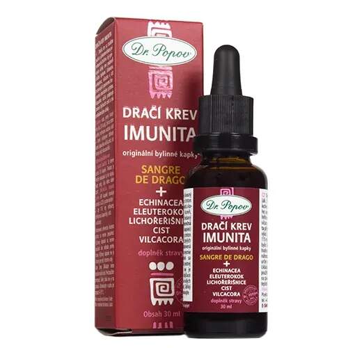 Levně Dr. Popov Dračí krev IMUNITA, tinktura 30 ml (Bylinné kapky s pryskyřicí Croton lechleri (Sangre de Drago), echinaceou, eleuterokokem, lichořeřišnicí, cistem a vilcacorou. 35 % alkoholu. Doplněk stravy.)