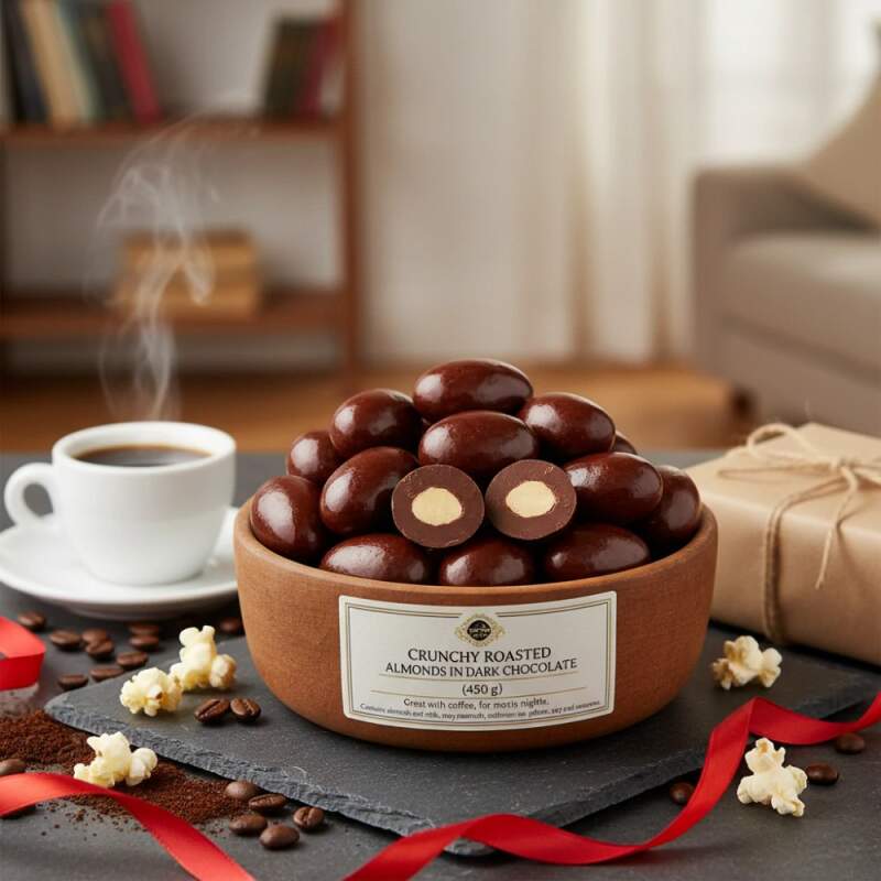 Mandle v hořké čokoládě 450 g (Pražená jádra mandlí v hořké čokoládě, kakao min. 38 %)