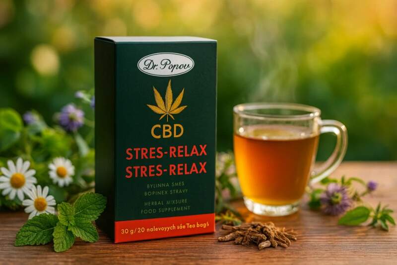Konopný čaj s CBD Stres-Relax 30 g (20 sáčků) – Dr. Popov (Bylinná směs s CBD ≥ 2 % a 40 % konopí. Doplňují ji heřmánek, mučenka, kozlík, třezalka a meduňka. Porcovaný čaj, 20 sáčků.)