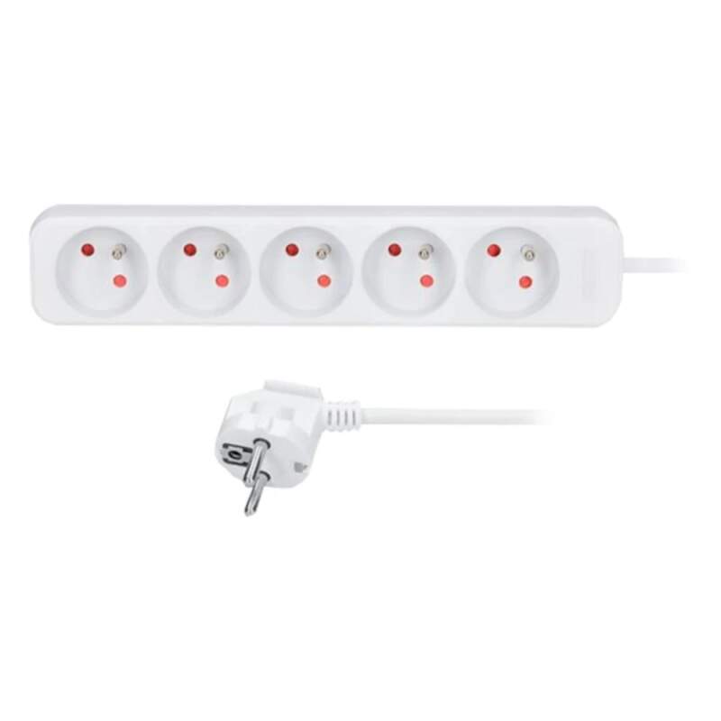 Levně Prodlužovací přívod 5 zásuvek, 5 m, 3×1 mm², bílý, bez vypínače (H05VV‑F3, lomená vidlice, 230 V/10 A)