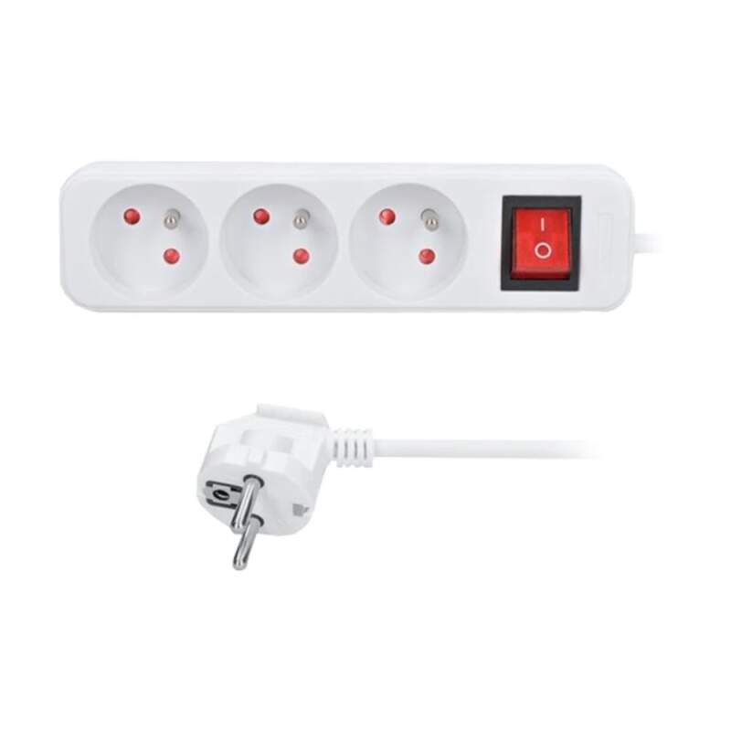 Levně Prodlužovací přívod 3 zásuvky, 1,5 m, 3×1 mm², bílý, s vypínačem (H05VV‑F3, lomená vidlice, 230 V/10 A)