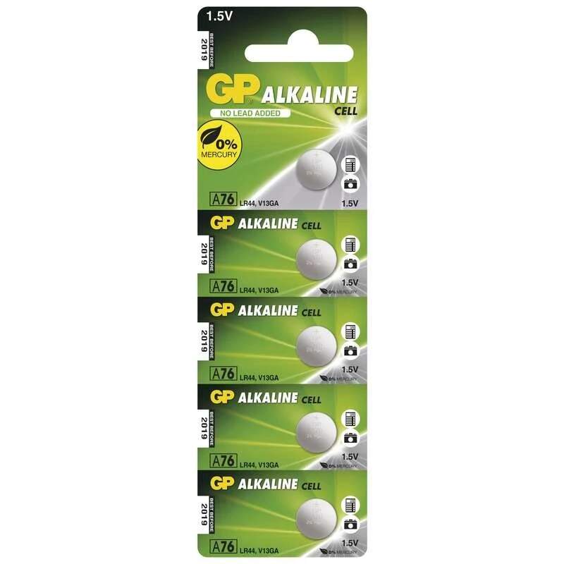 Levně GP LR44 (A76) alkalické knoflíkové baterie, 5 ks – 1,5 V, 110 mAh (Blistr 5 ks • ekvivalenty AG13/LR1154/V13GA/PX76A)