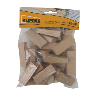 Klínky dřevěné podlahové/obkladačské 33 ks (55×20×10–15 mm)
