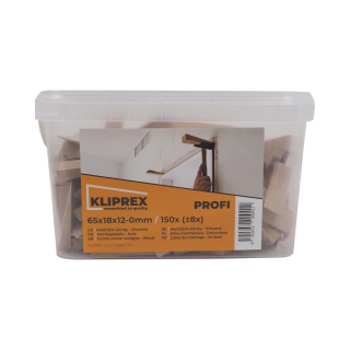 Klínky dřevěné montážní, kbelík 150 ks, 65 × 18 × 12–0 mm