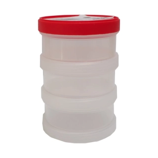 Plastový šroubovací box s víkem – 3 misky, Ø 95 × 130 mm, červené víčko